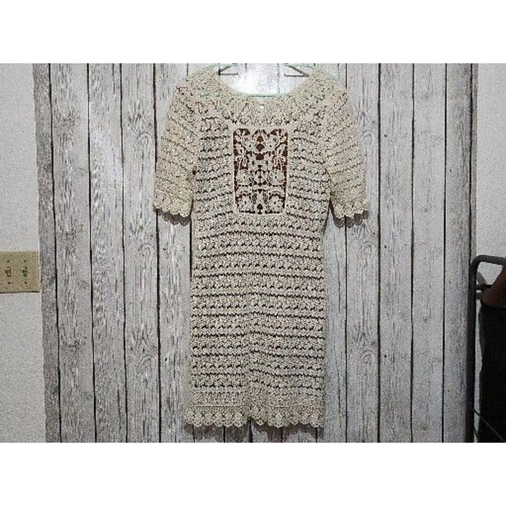 Laundry by Design Crochet Dress S Ivory Brown Scallop Aztec Boho Straight Pencil